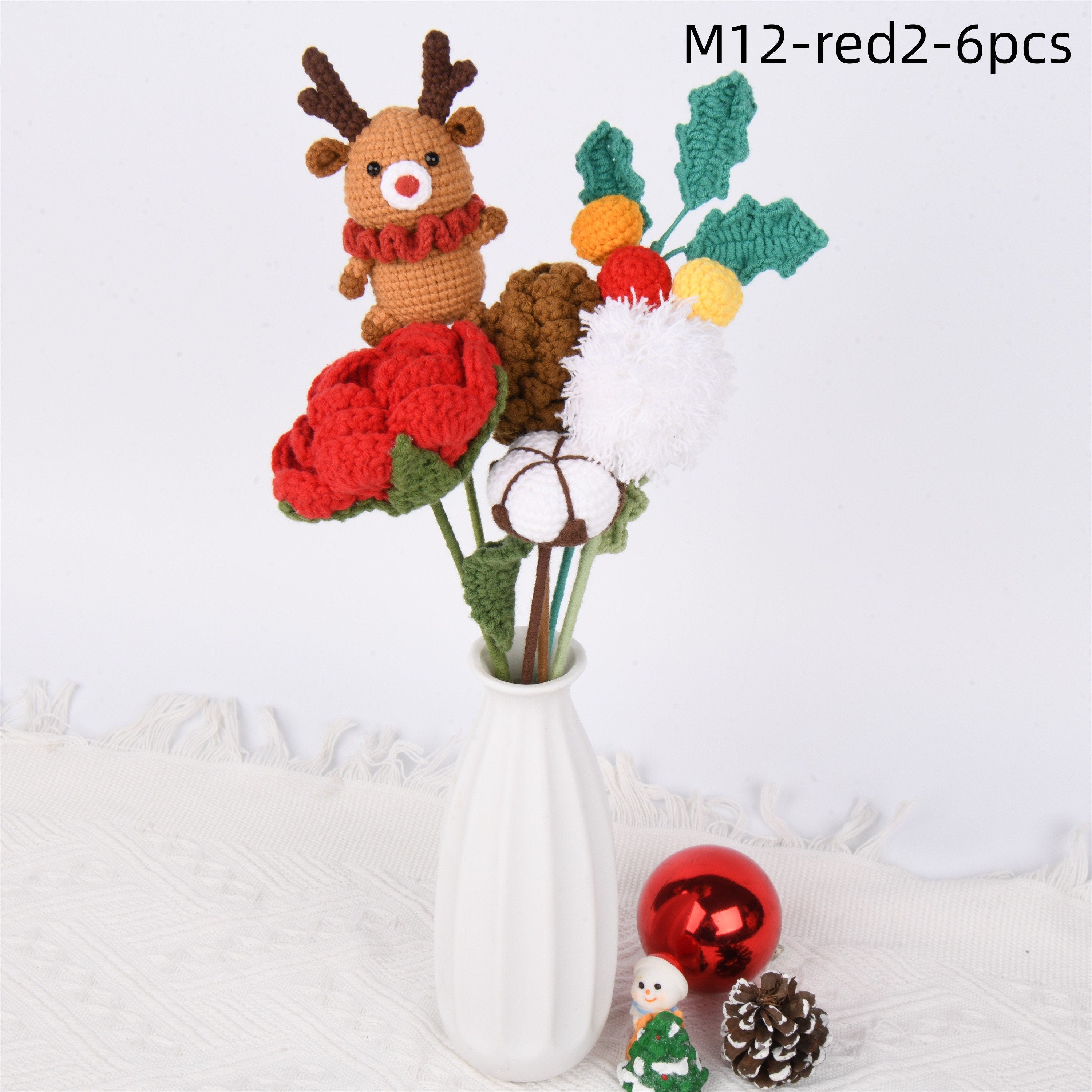 Handmade Rose/Deer/Holly/Cotton Crochet Bouquet