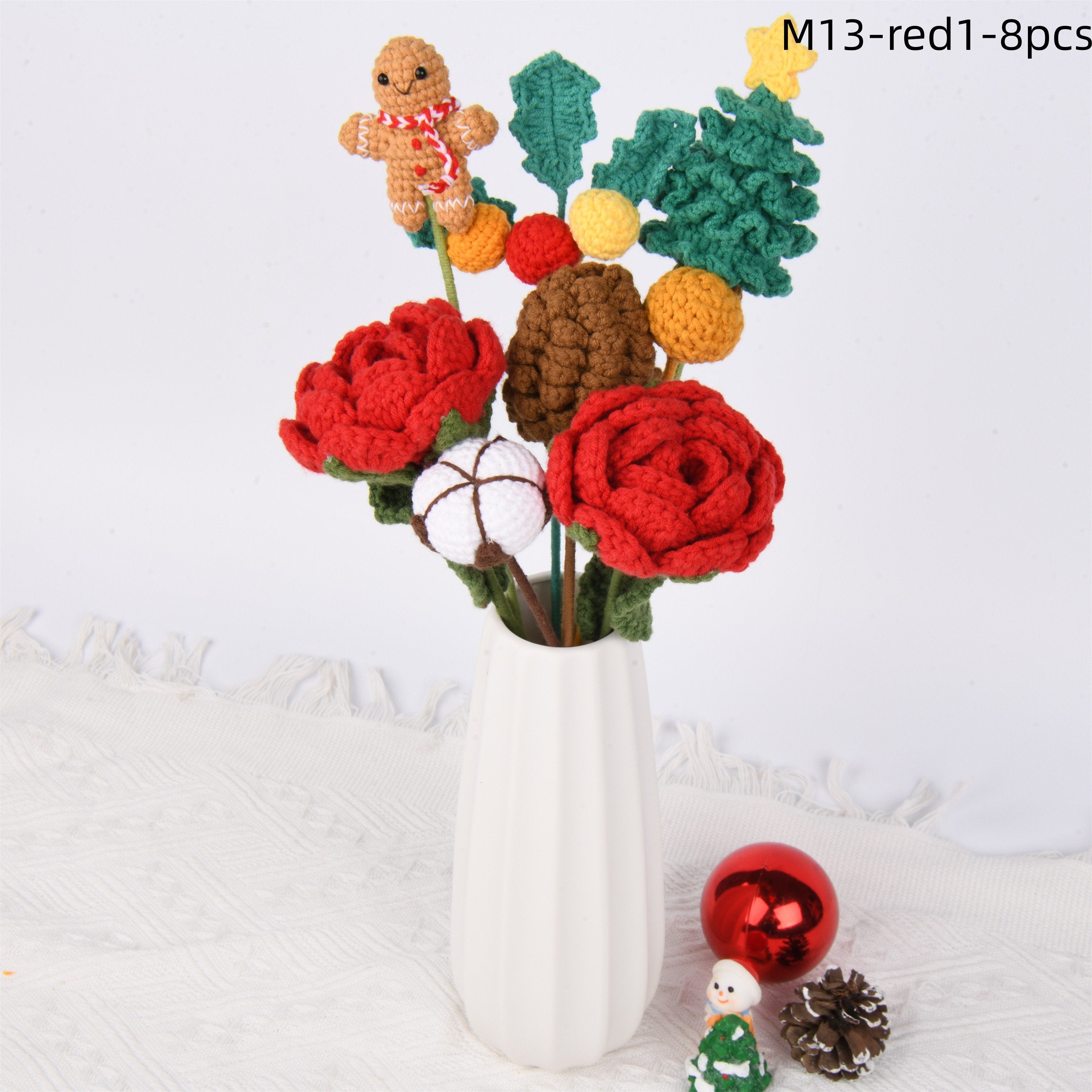 8PCS Handmade Rose/Gingerbread Man Crochet Bouquet