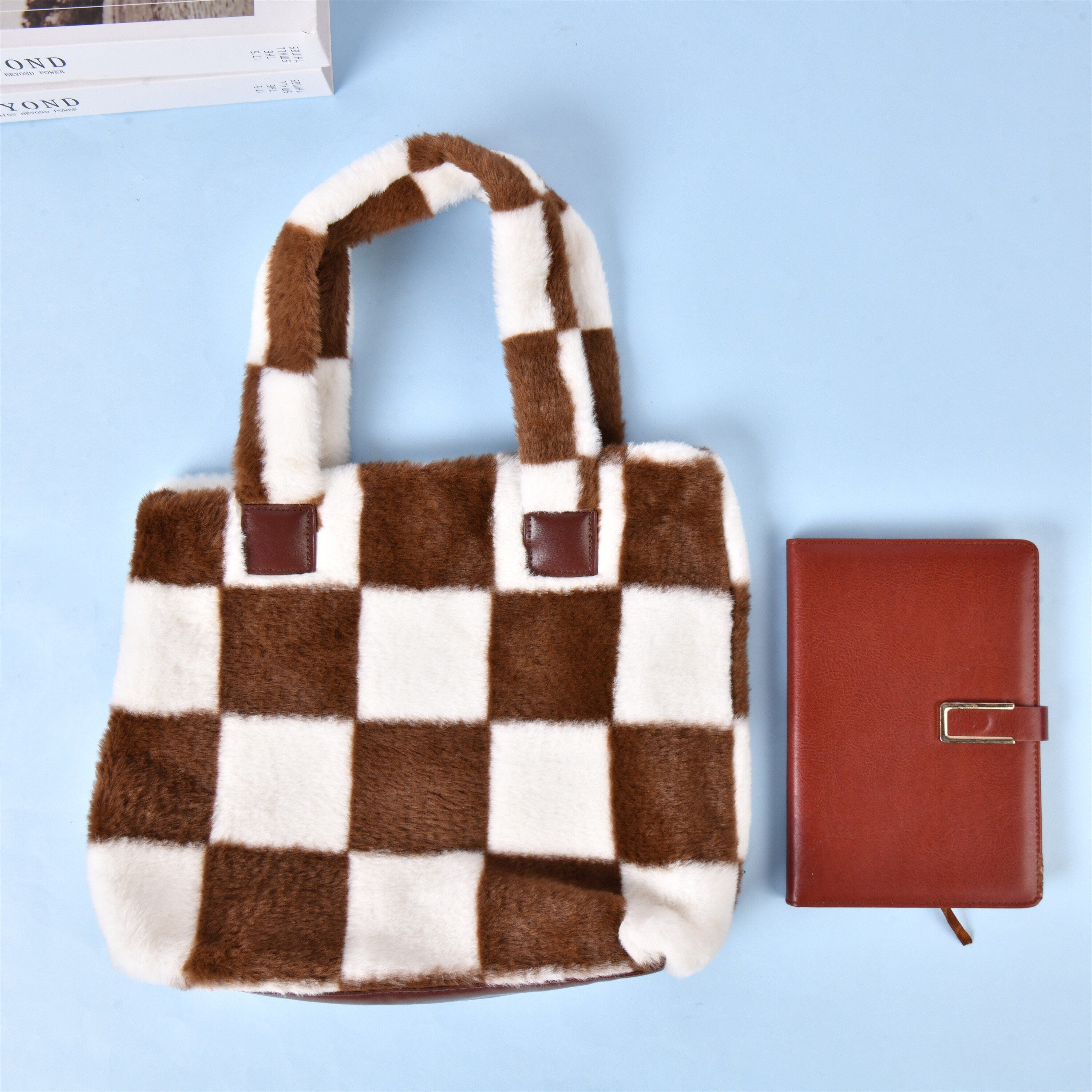 Checkerboard Plush Tote Bag with Magnetic Buckle