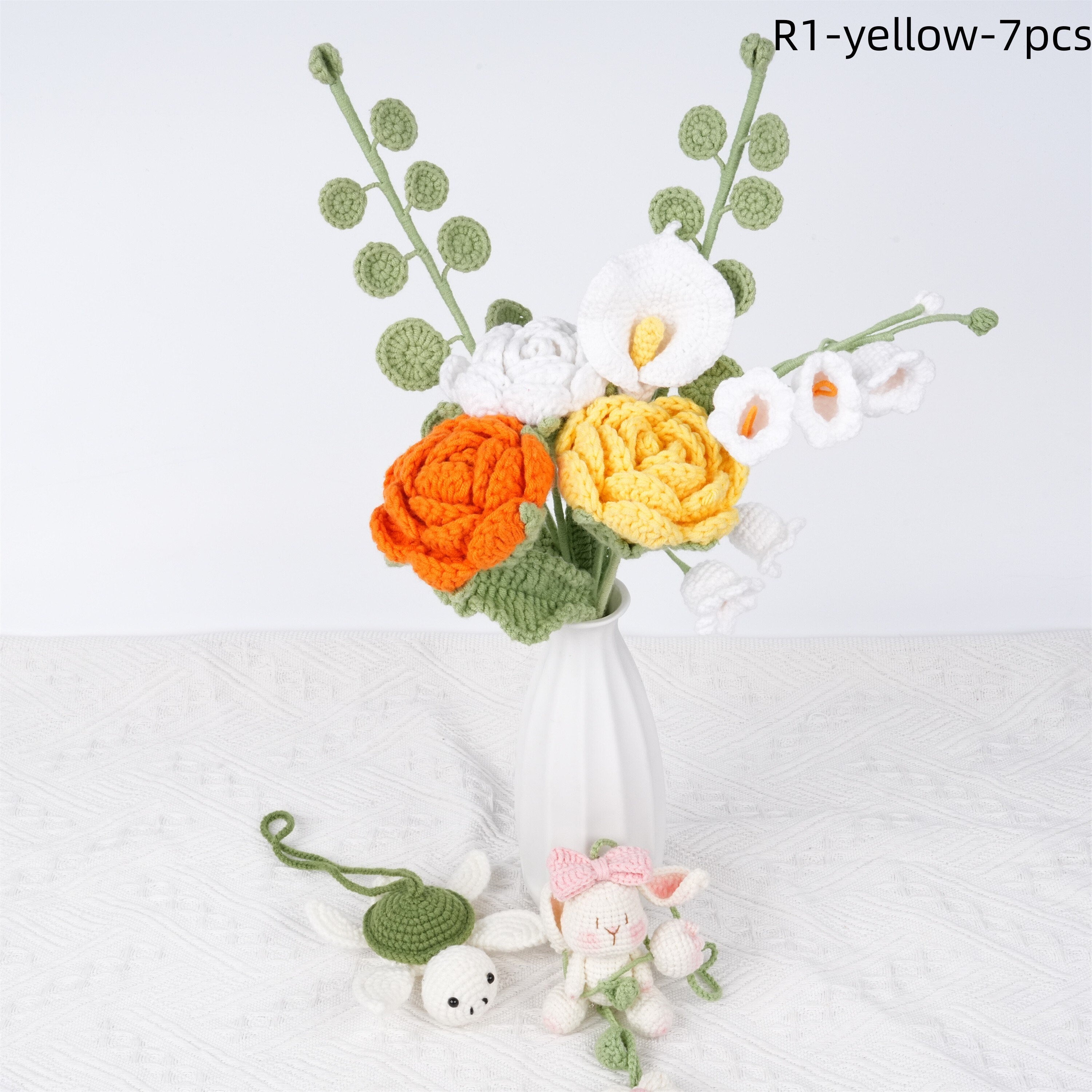 7PCS Handmade White Calla Lily and Rose Crochet Bouquet