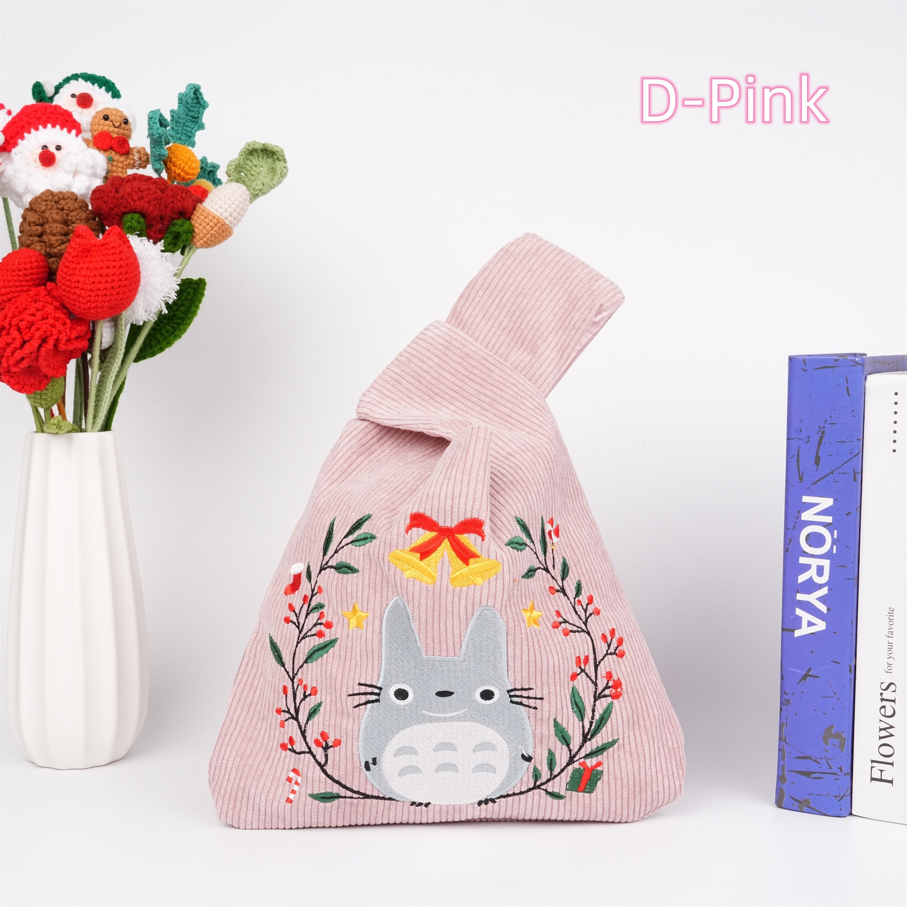 Christmas Wreath Totoro Embroidery Japanese Knot Bag