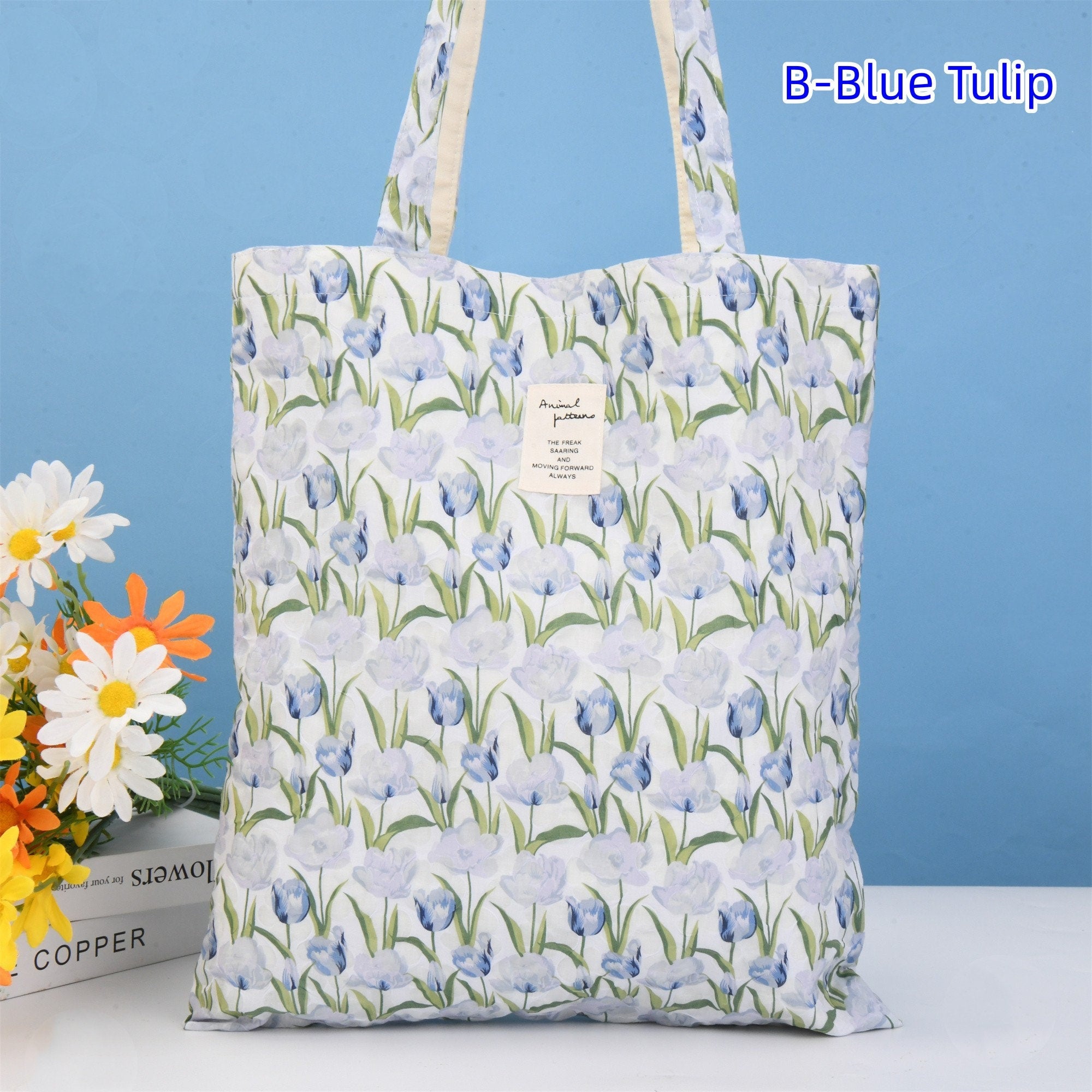 Handmade Blue Yellow Tulip Floral Tote Bag