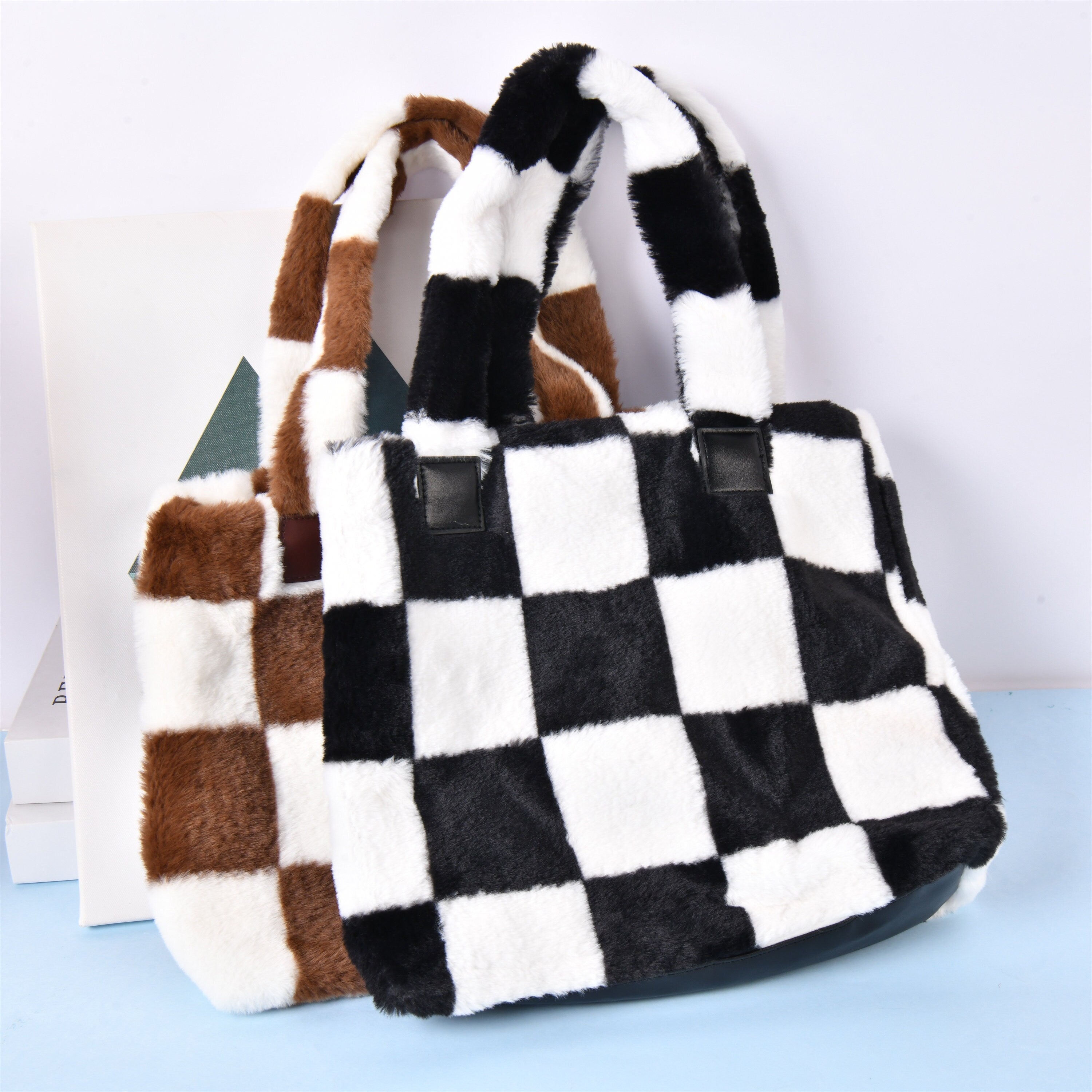 Checkerboard Plush Tote Bag with Magnetic Buckle