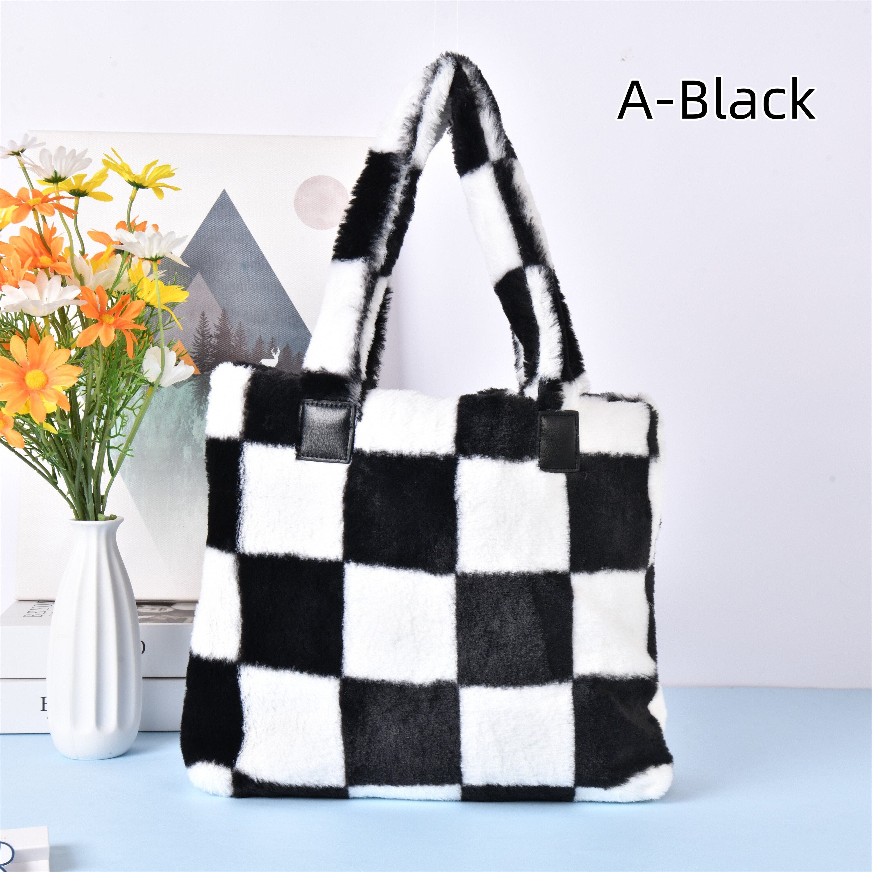 Checkerboard Plush Tote Bag with Magnetic Buckle