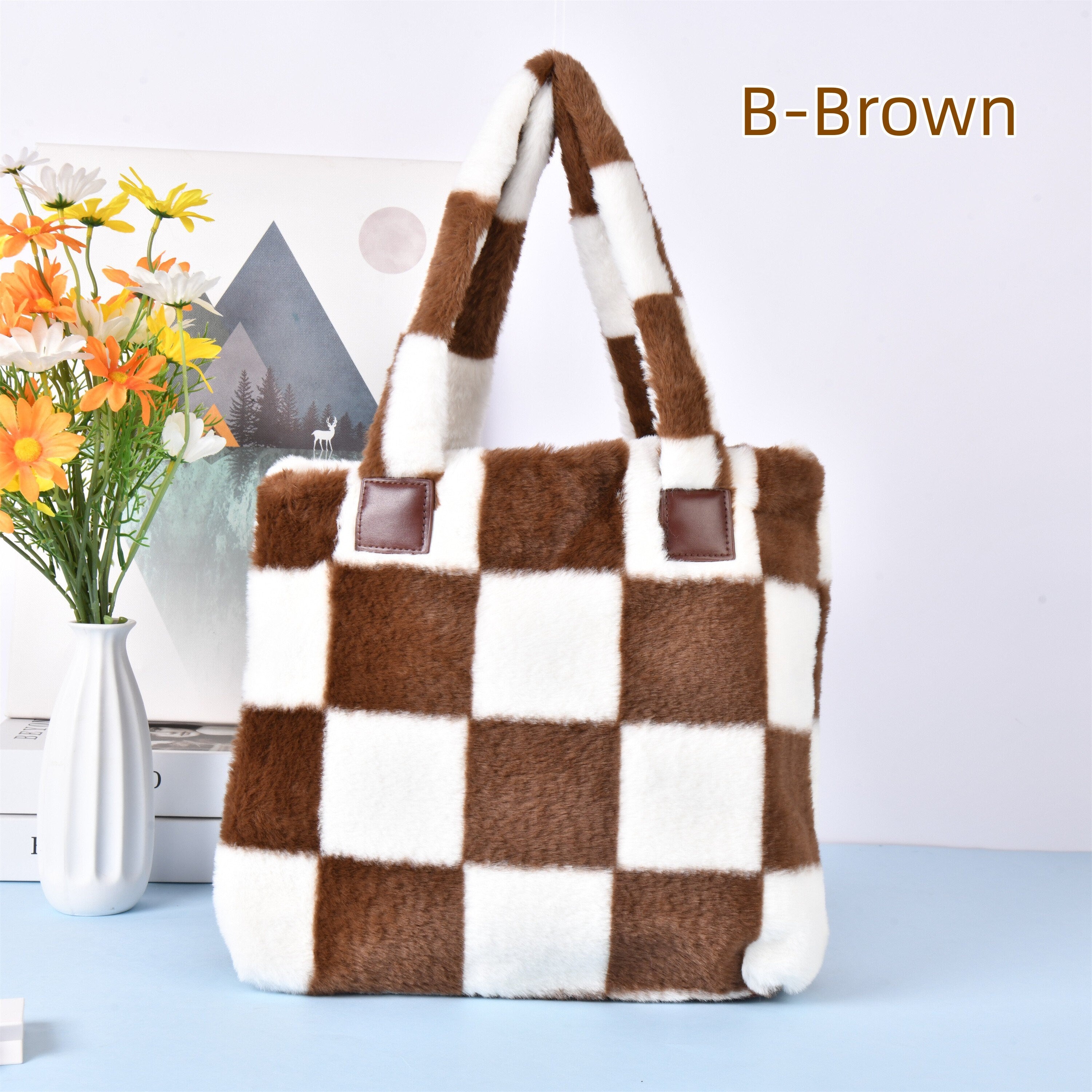 Checkerboard Plush Tote Bag with Magnetic Buckle