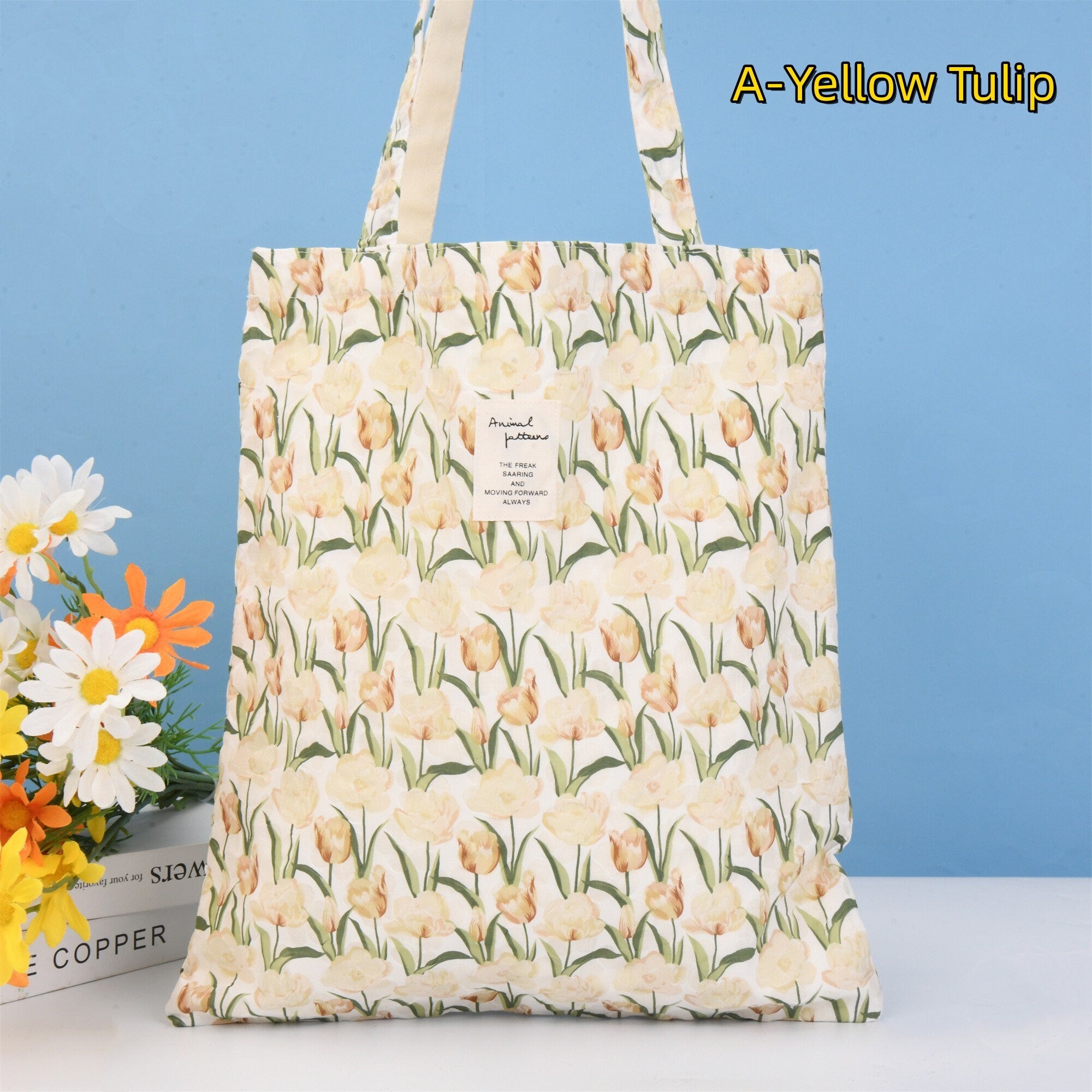 Handmade Blue Yellow Tulip Floral Tote Bag