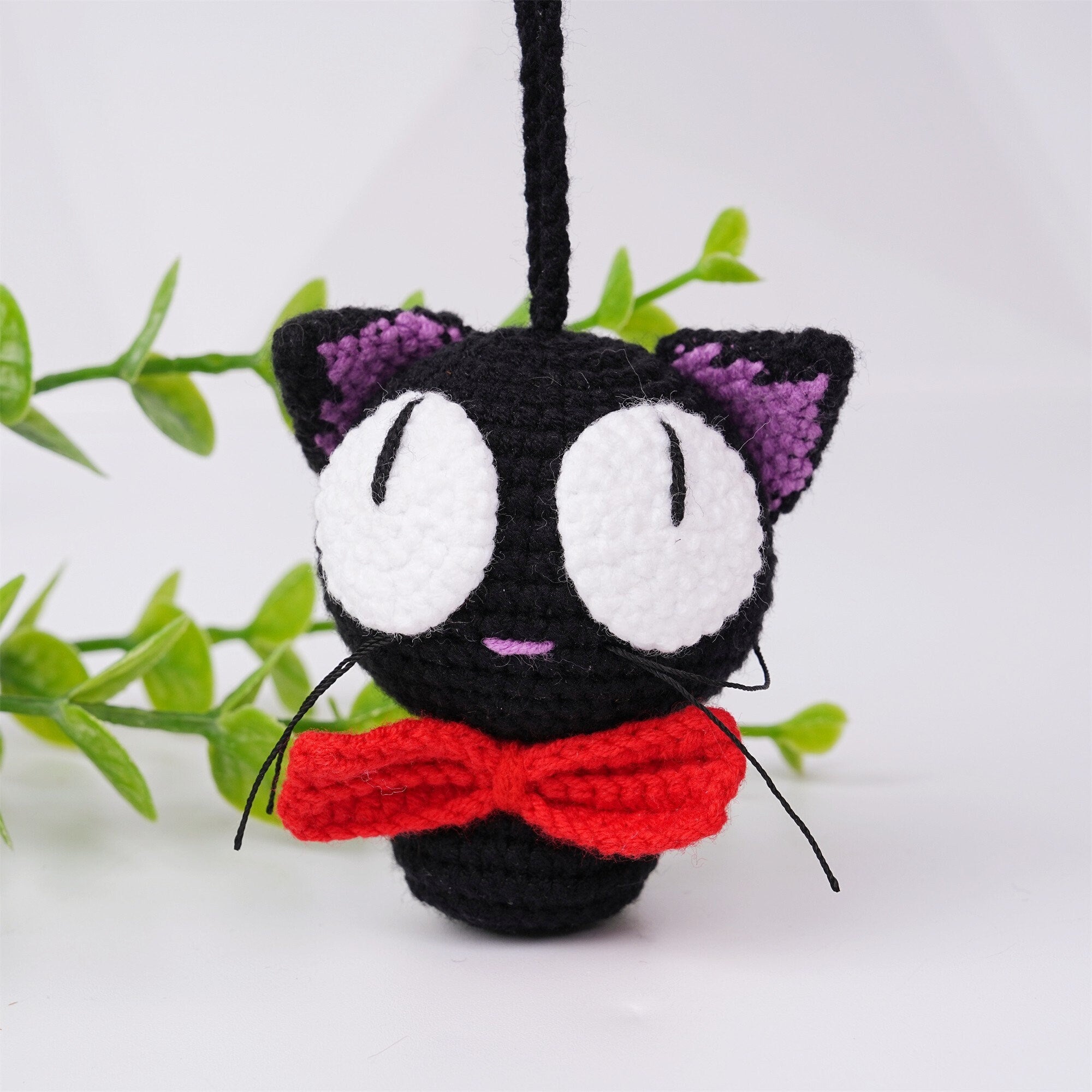 Handmade Knitte Red Bow Black Kitty Crochet Pendant Oranment