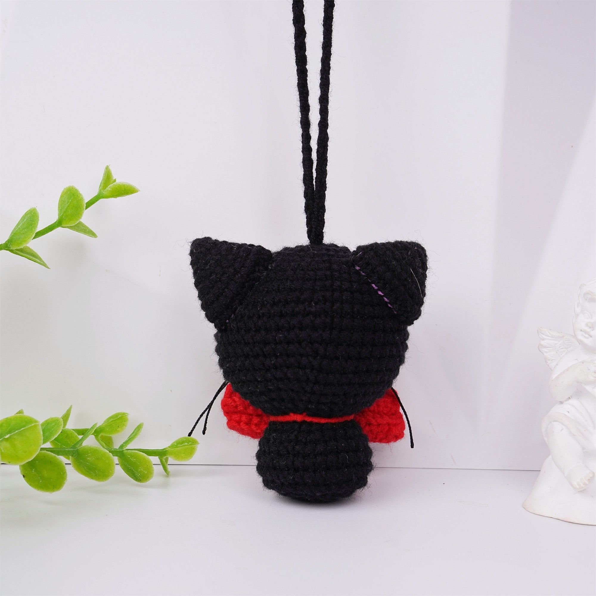 Handmade Knitte Red Bow Black Kitty Crochet Pendant Oranment