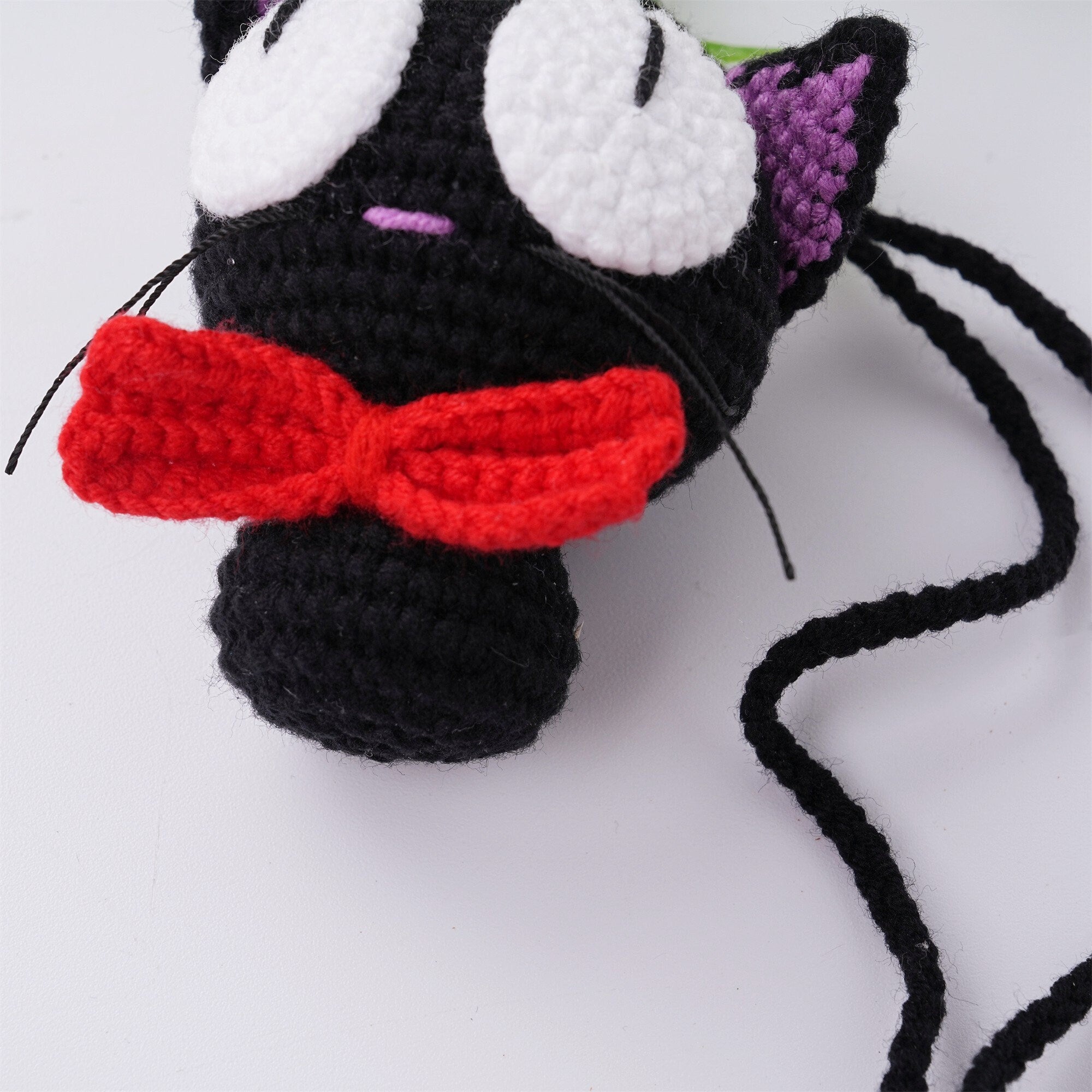 Handmade Knitte Red Bow Black Kitty Crochet Pendant Oranment