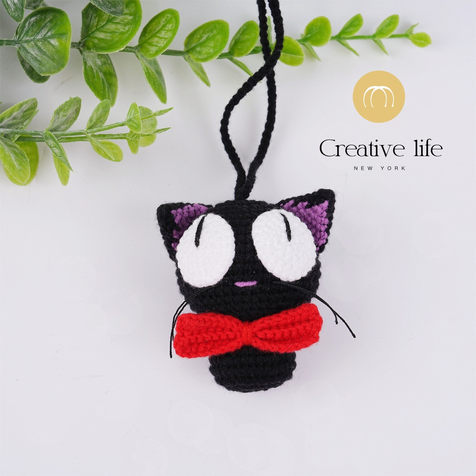 Handmade Knitte Red Bow Black Kitty Crochet Pendant Oranment