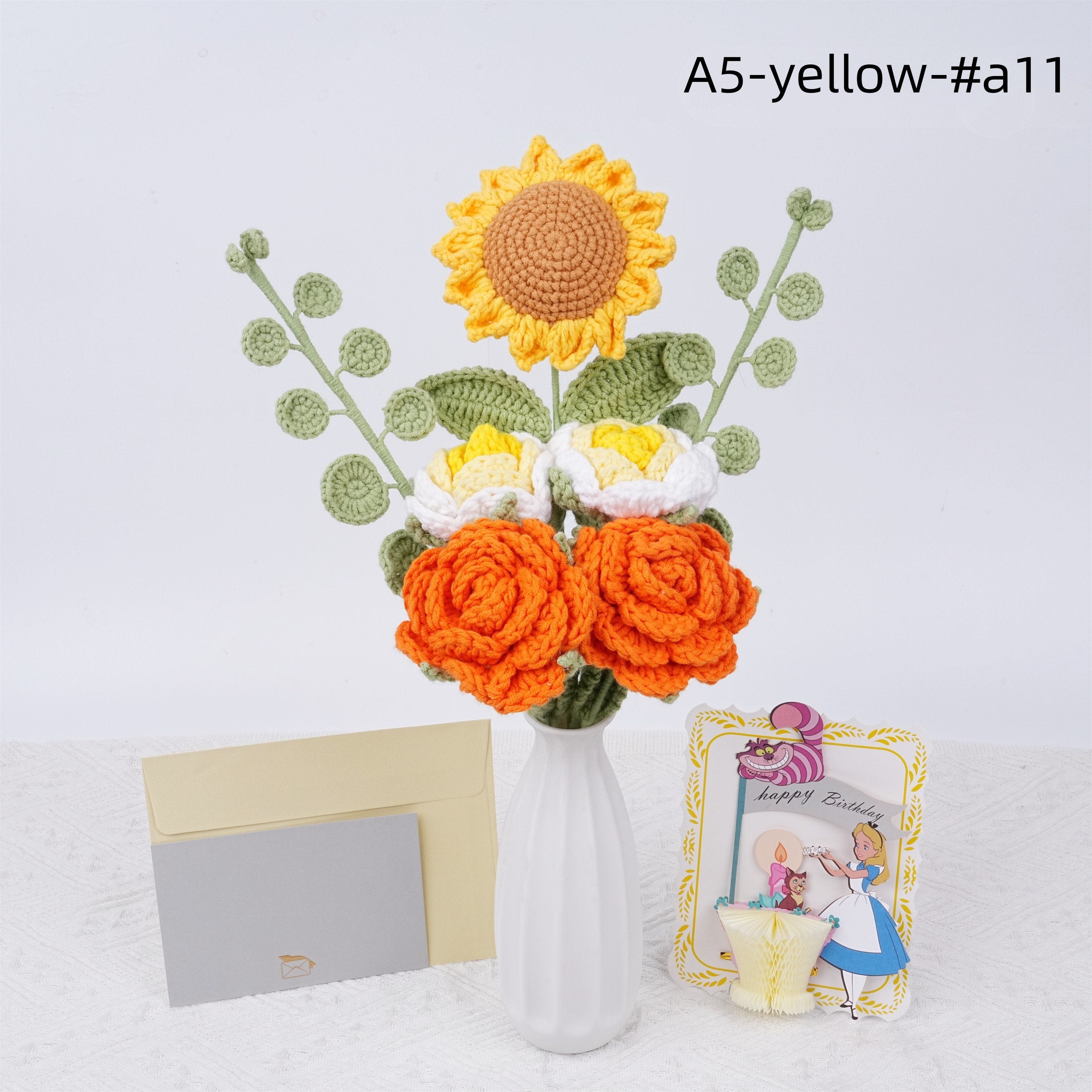 7PCS Handmade Roses Sunflower Crochet Bouquet with Birthday Card