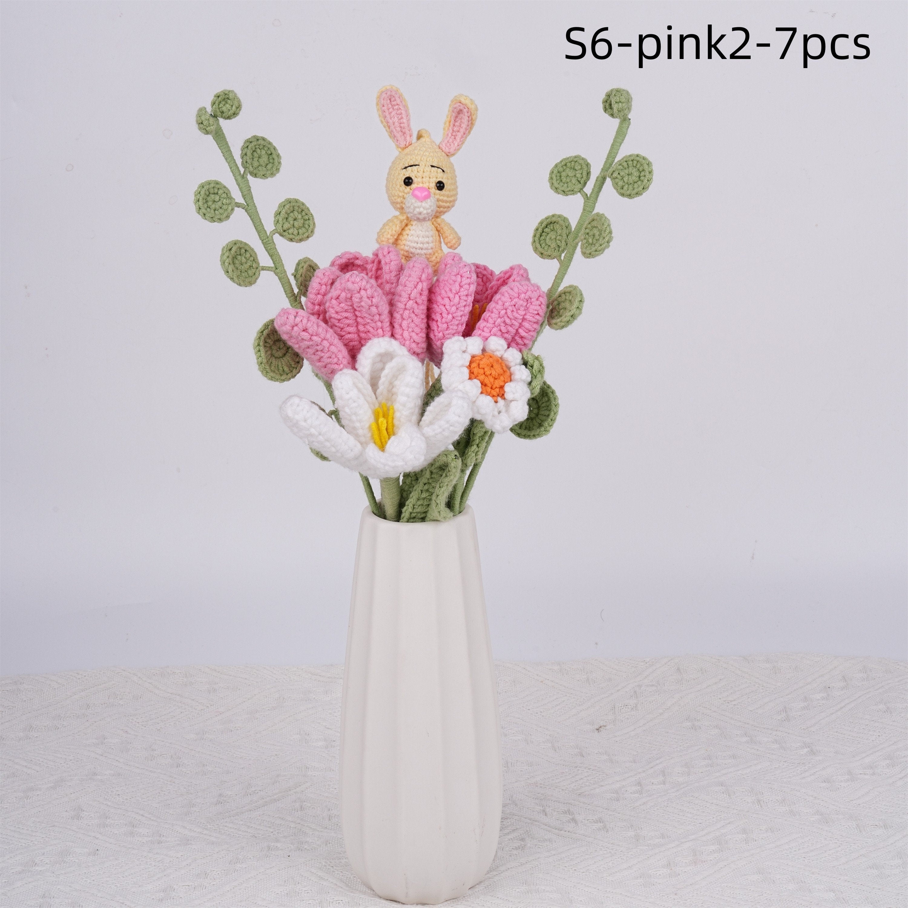 7PCS Handmade Knit Rabbit Tulips/Daisy/Eucalyptus Crochet Bouquet