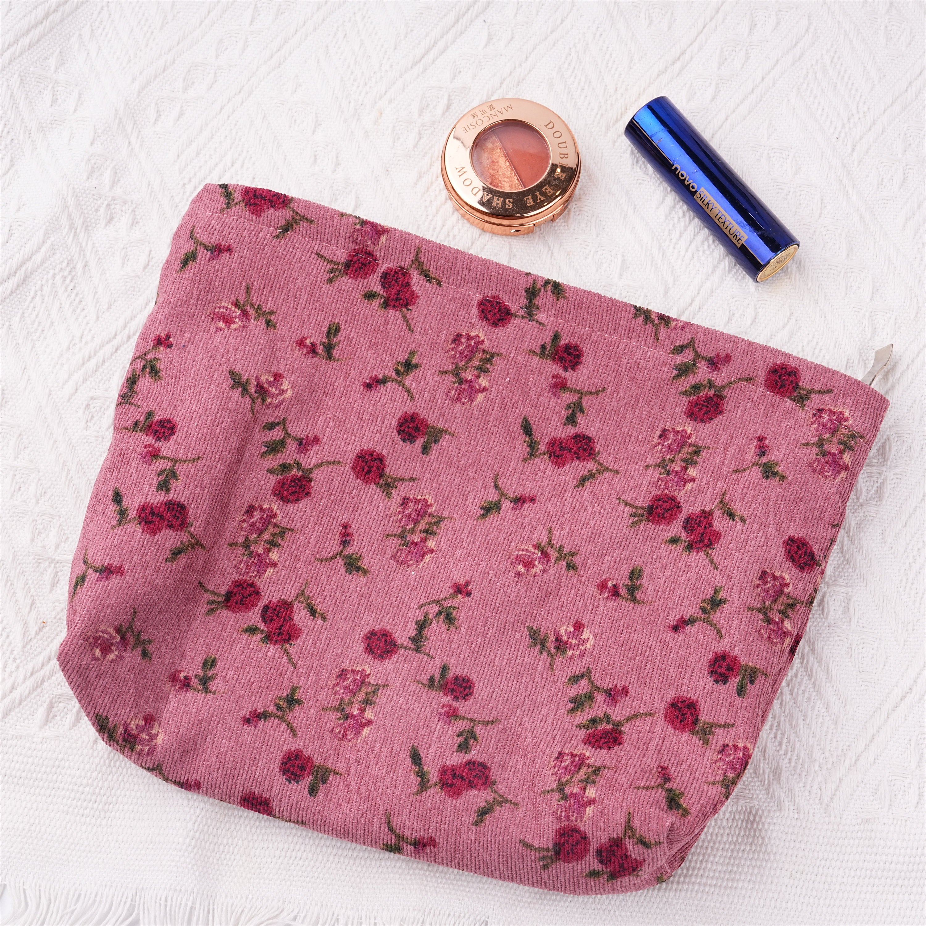 Handmade Rose Flowers Corduroy Cosmetic Bag