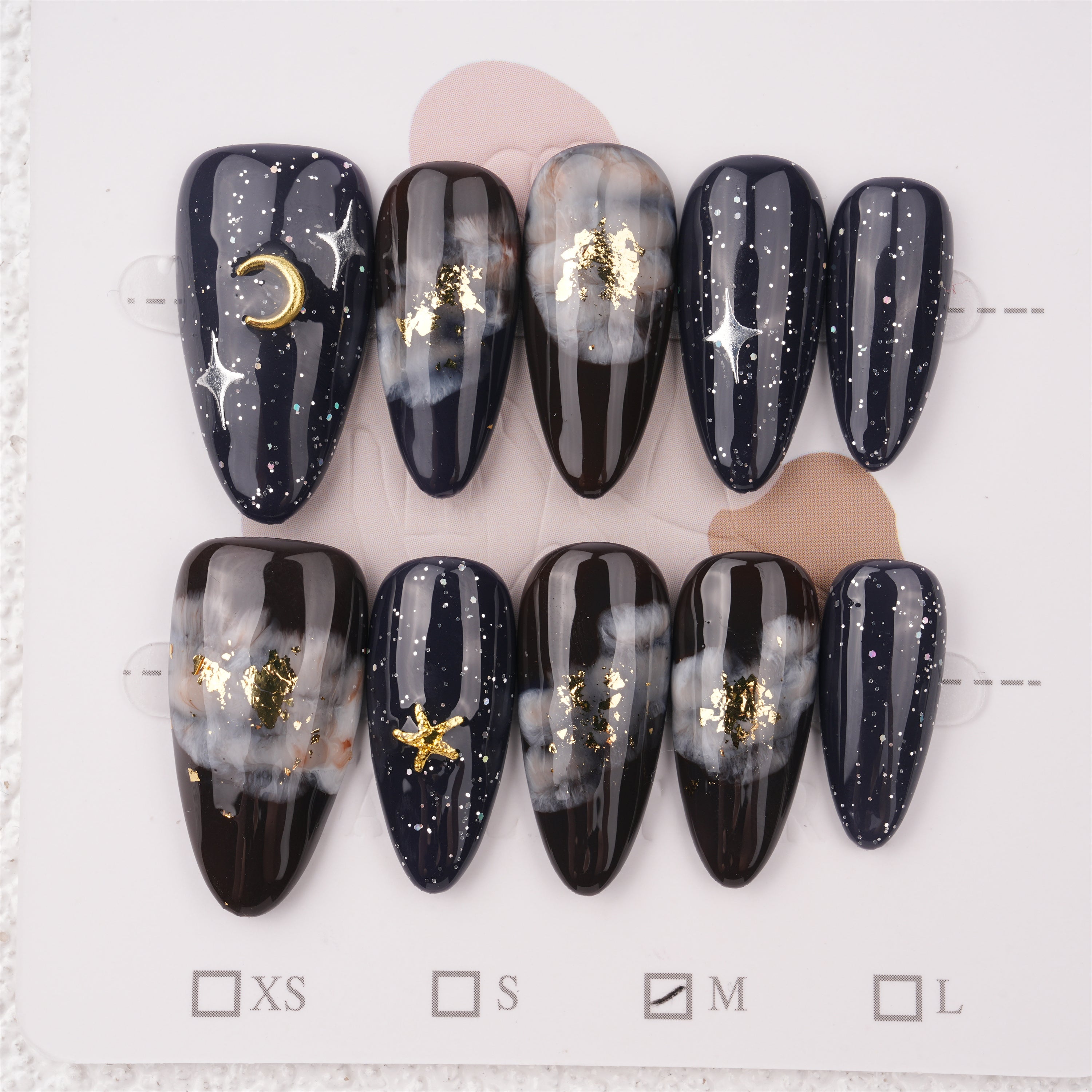 Black Marble Smudge Short Press on nails,Stars & Moons Fake Nails,Birthday Gifts