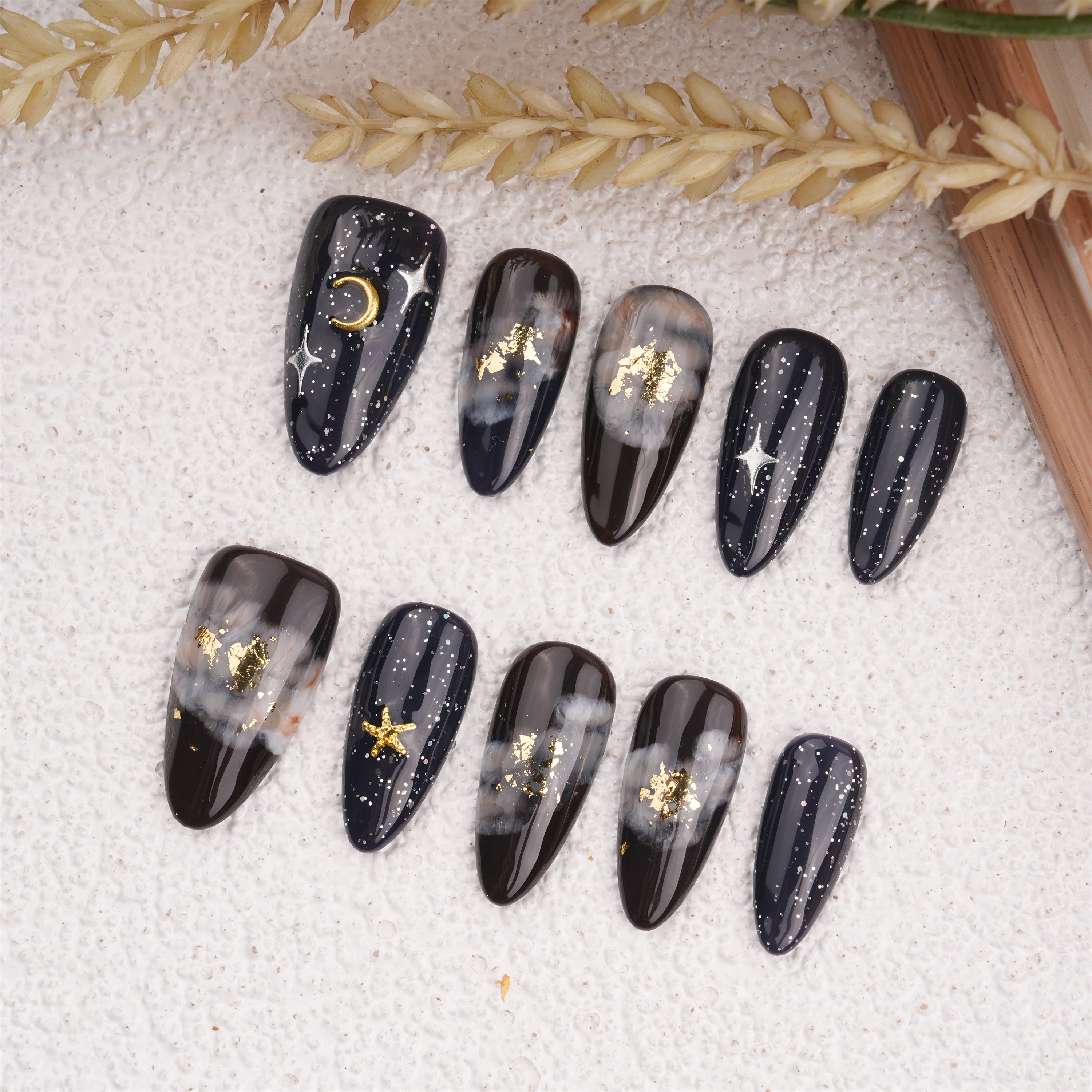 Black Marble Smudge Short Press on nails,Stars & Moons Fake Nails,Birthday Gifts