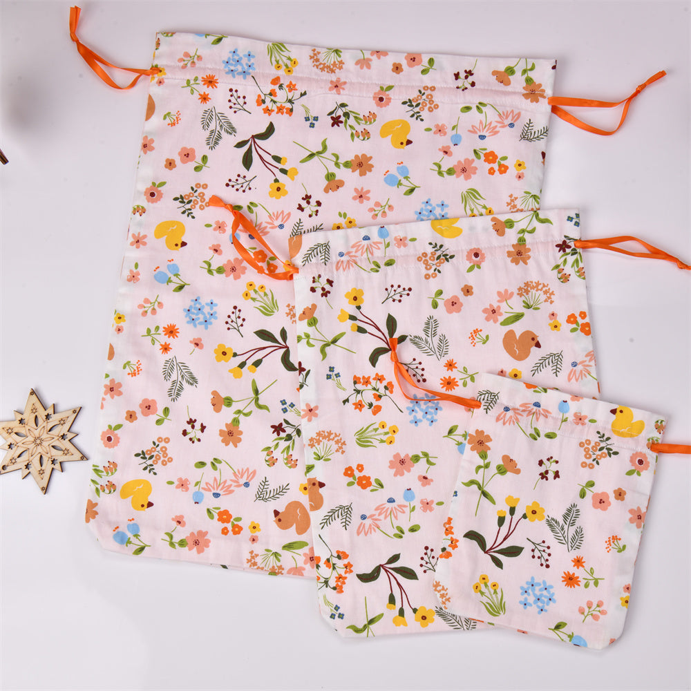 Yellow Duck Floral Cotton Fabric Drawstring Gift Bag