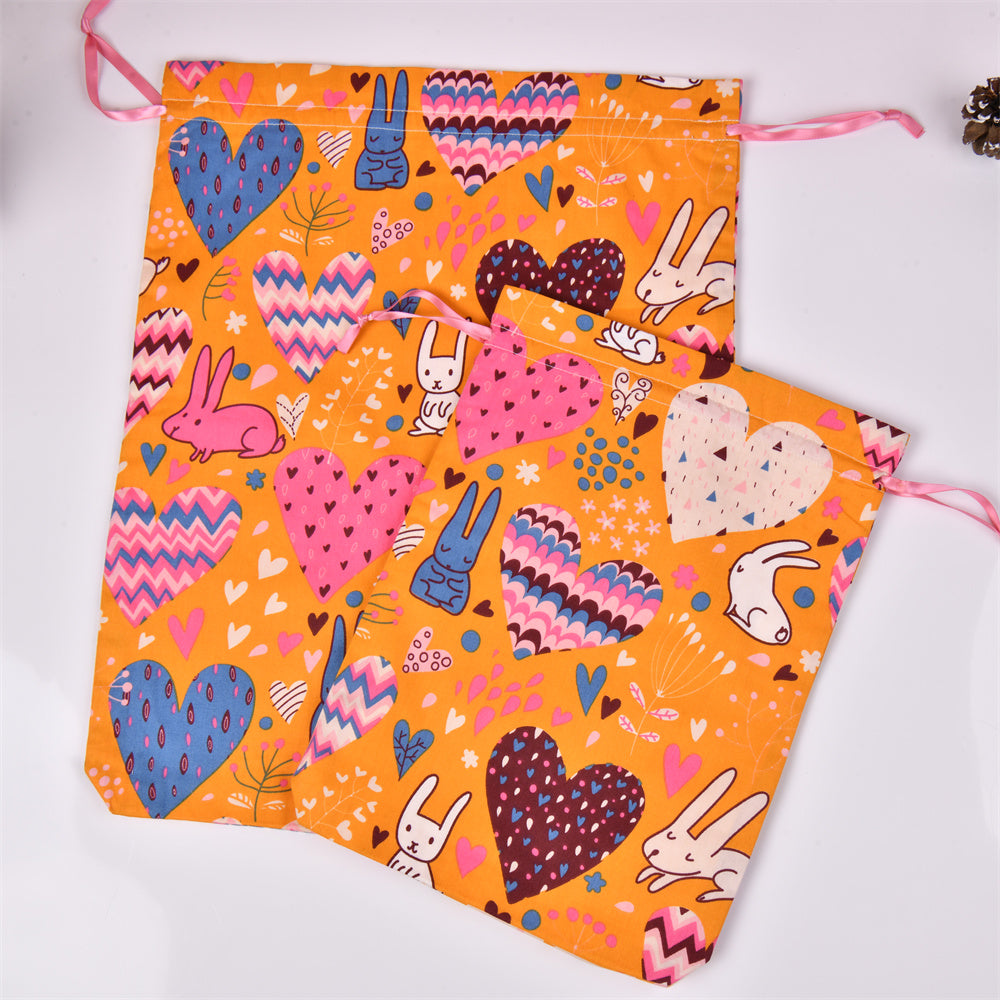 M/L Yellow Heart Rabbit Flowers Drawstring Gift Bag