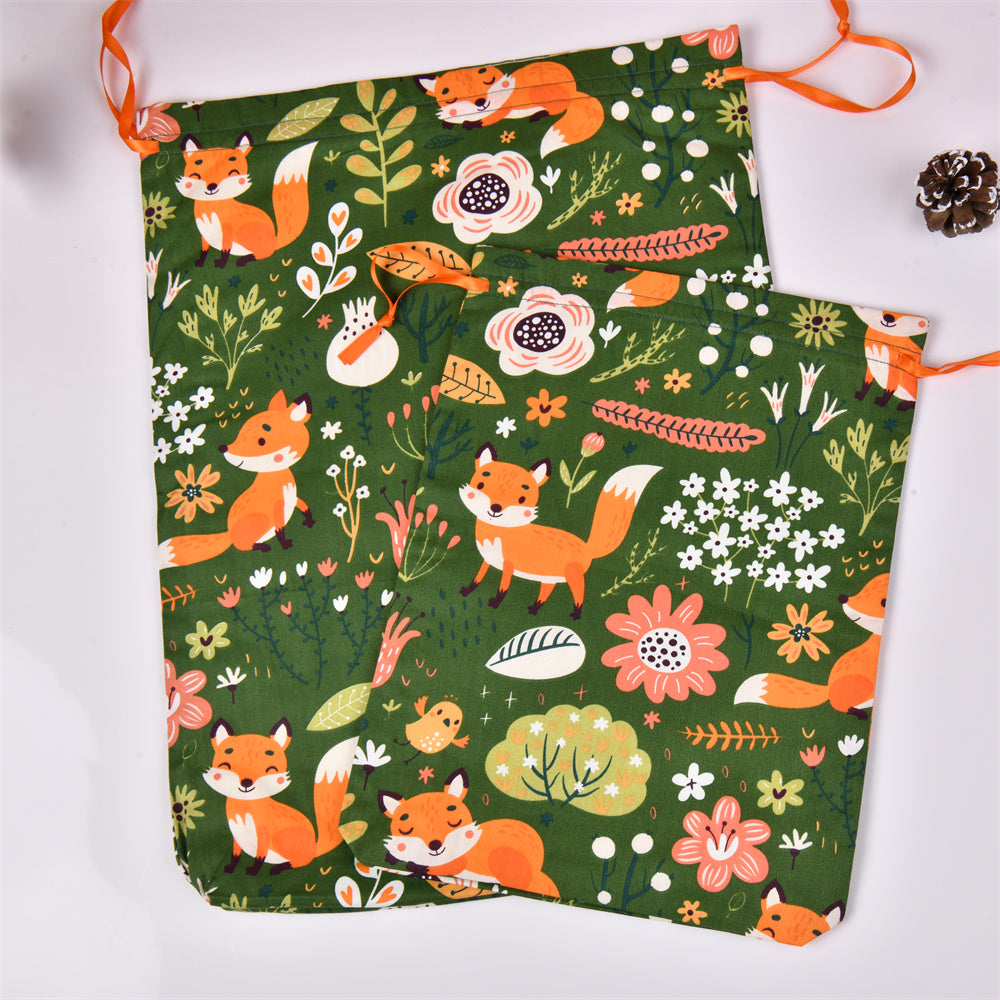 Fox and Plant Green Drawstring Gift Bag