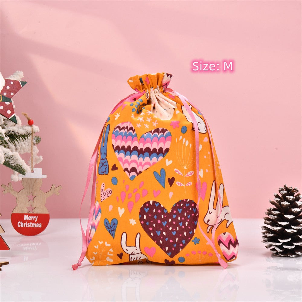 M/L Yellow Heart Rabbit Flowers Drawstring Gift Bag