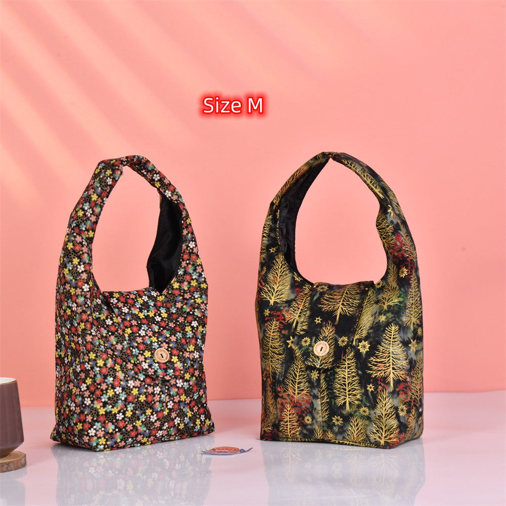 M/L Vintage Bronzing Fabric Flower/Dense Forest Tote Bag